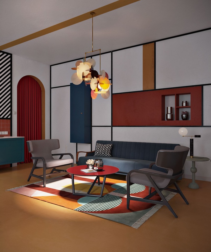 Phong cách Bauhaus được thể hiện qua các chi tiết hình học độc đáo và đồ nội thất đơn giản, cách phối màu rực rỡ giúp không gian thêm phần ấn tượng