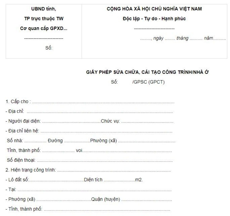 Mẫu đơn xin phép sửa chữa công trình nhà ở