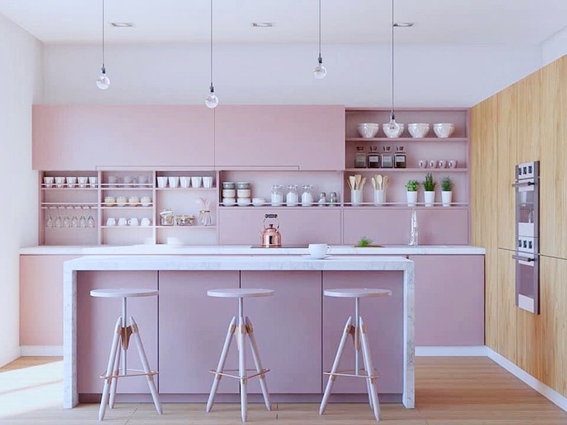 Gian bếp sơn bệt màu hồng độc đáo, thể hiện rõ cá tính của chủ nhân