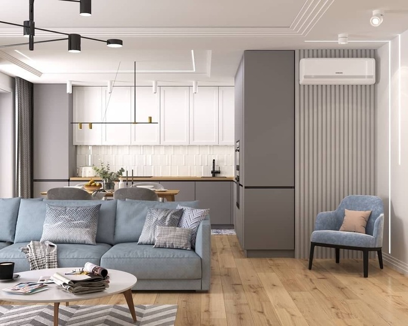 Ghế sofa tông màu xanh pastel tạo ấn tượng thị giác nổi bật cho cả căn phòng