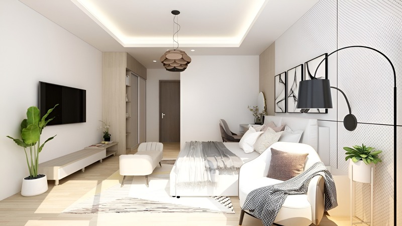 Nội thất phòng ngủ của chủ nhà mệnh Thủy với hệ đèn chùm và đèn đọc sách làm bằng kim loại, vừa tăng tính thẩm mỹ vừa mang ý nghĩa phong thủy tốt đẹp
