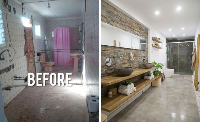 Việc ốp lại bức tường cũ và bố trí thêm kệ giúp không gian trong nhà trở nên gọn gàng hơn