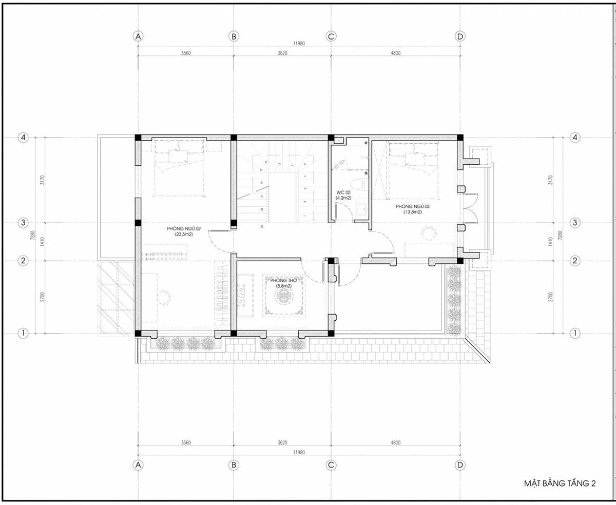 Bản vẽ mặt bằng phân chia công năng tầng 2
