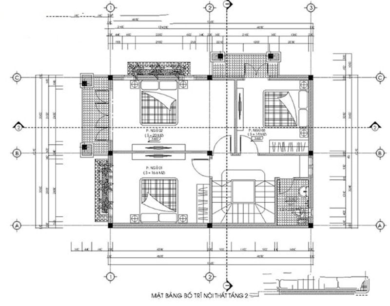 Khu vực tầng 2 được phân chia làm 3 phòng ngủ, 1 nhà vệ sinh và 1 ban công thoáng rộng