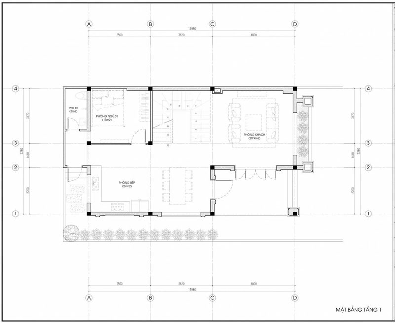 Sơ đồ mặt cắt thể hiện kết cấu tầng 1 của ngôi nhà