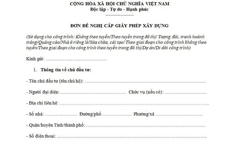 Mẫu đơn đề nghị cấp phép xây dựng nhà phố
