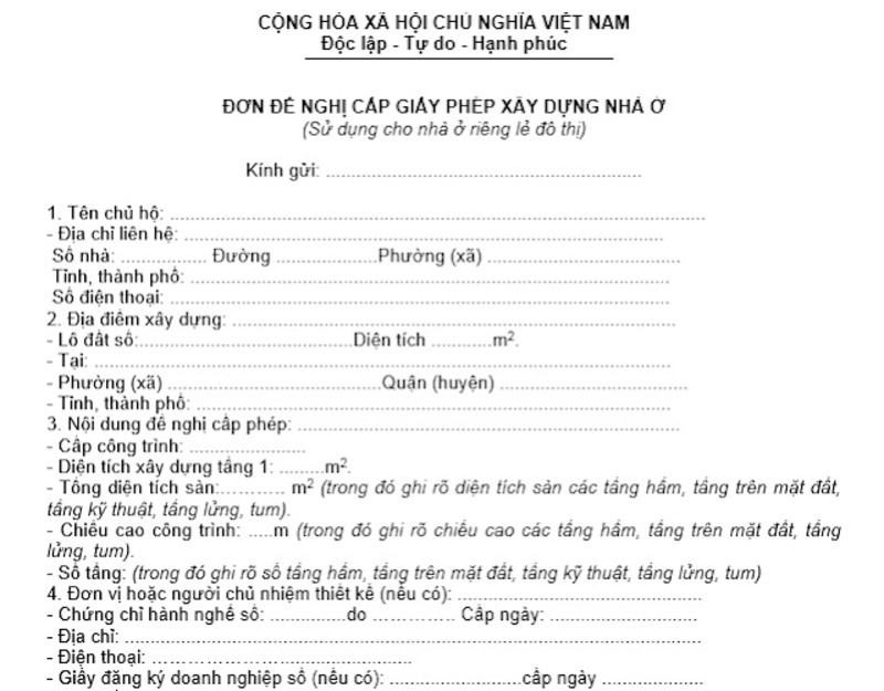 Mẫu đơn để xin cấp phép xây dựng nhà ở