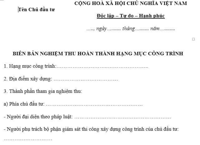 Biên bản nghiệm thu hoàn thành các hạng mục của công trình xây dựng