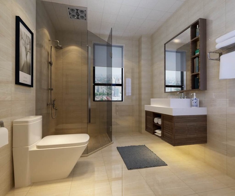 Không gian nhà vệ sinh thoáng sáng nhờ hệ thống cửa kính