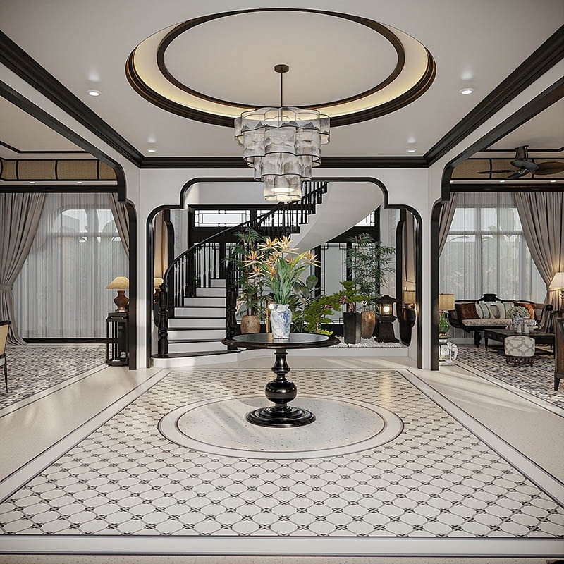 Trong phong cách Indochine, phụ kiện con tiện được sử dụng vô cùng phổ biến tại cầu thang, chân bàn ghế nhằm đem đến sự tinh tế và trang trọng cho cả căn phòng