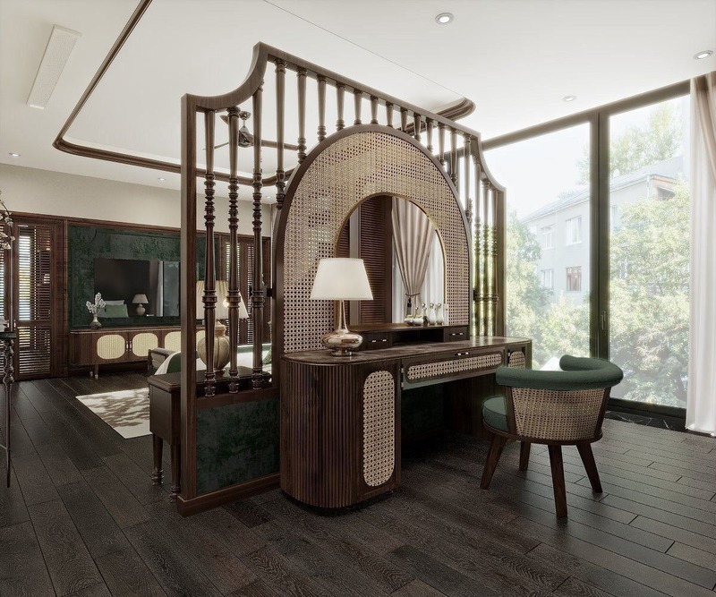 Vách ngăn nội thất Indochine vừa dùng để phân vùng không gian vừa thể hiện nét đẹp đặc trưng của phong cách này