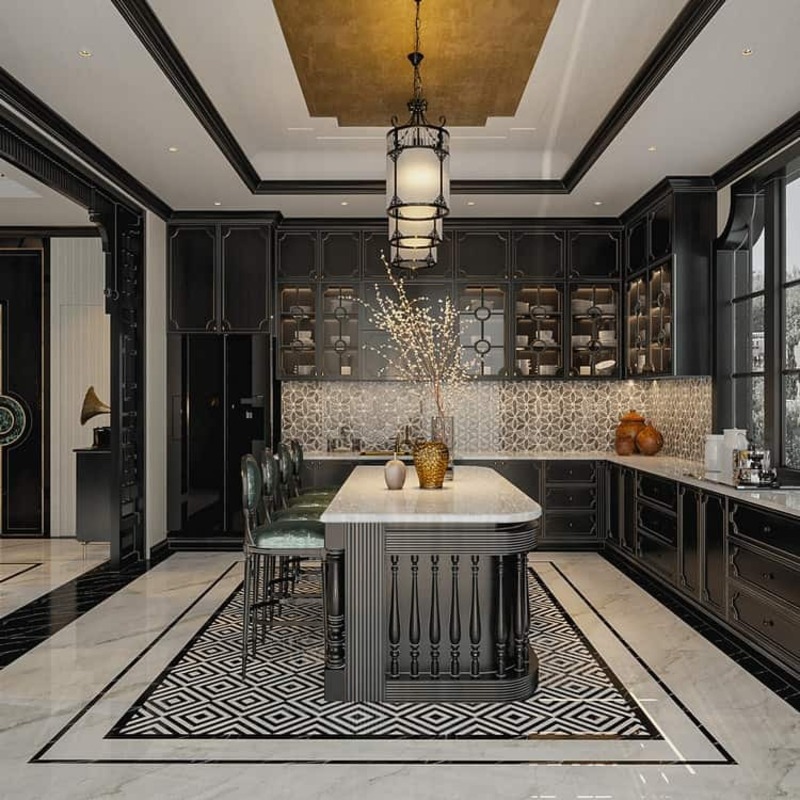 Căn bếp phong cách Indochine sở hữu nhiều họa tiết độc đáo, cùng phụ kiện con tiện đặc trưng