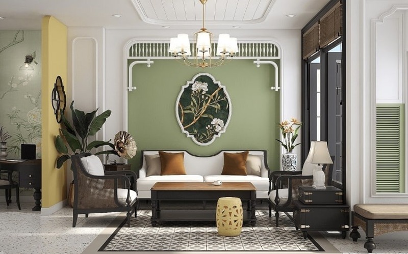 Nội thất phong cách Indochine được ứng dụng gạch bông để tạo điểm nhấn độc đáo và đầy gần gũi cho không gian