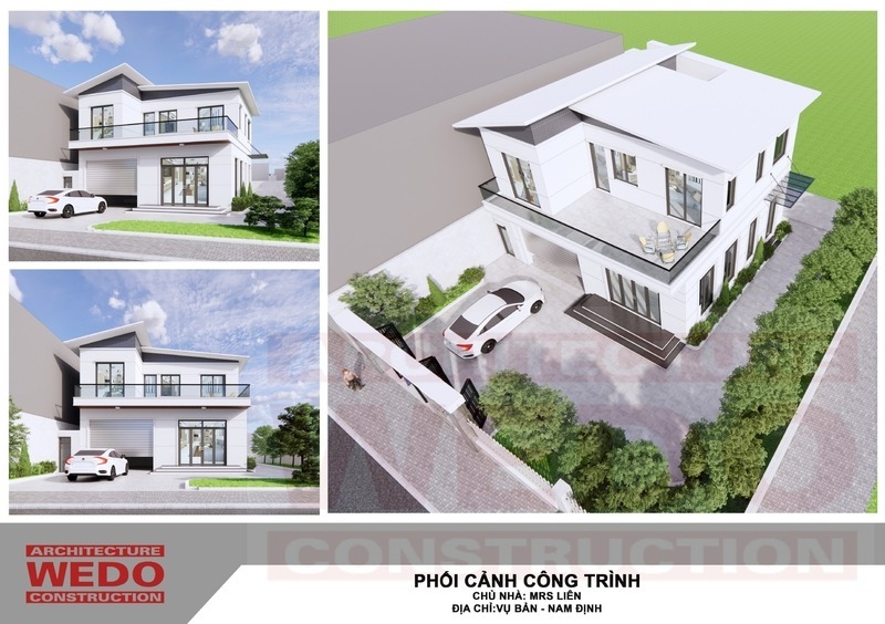 Phối cảnh công trình nhà 2 tầng thiết kế mái lệch tại Vụ Bản, Nam Định