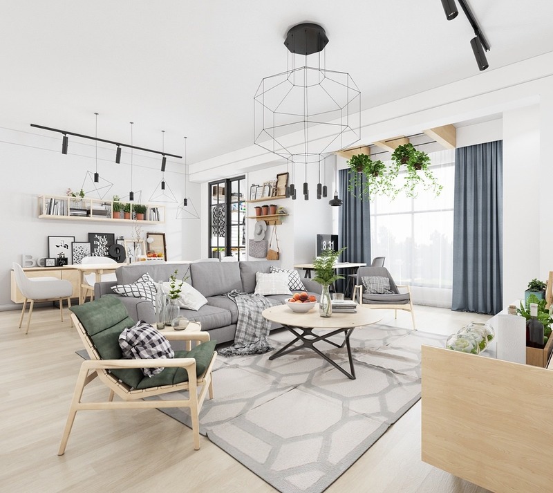 Không gian phòng khách Scandinavian có gam màu trắng chủ đạo, hệ thống đèn có thiết kế hình học ấn tượng