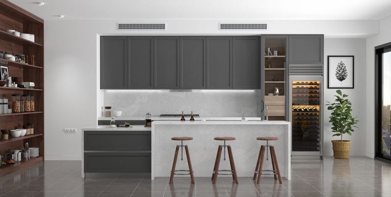Thiết kế nhà bếp gọn gàng với tủ bếp hình chữ I tích hợp thêm đảo bếp - vừa là không gian sơ chế thực phẩm - vừa là bàn ăn của gia đình