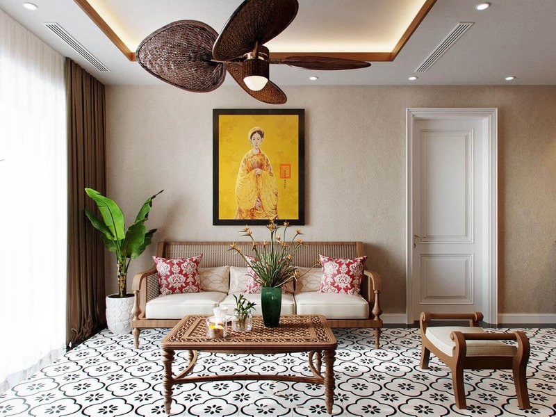 Không gian phòng khách mang đậm dấu ấn văn hoá Việt Nam với bức tranh treo tường in hình cô gái mặc Việt phục